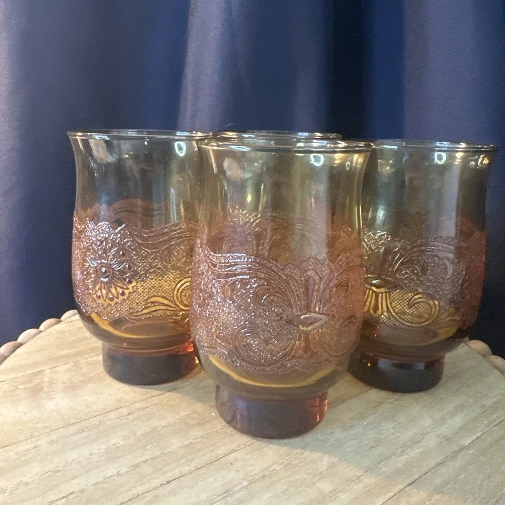 Vintage Libbey Americana Amber Lace Tumbler - Set of 4